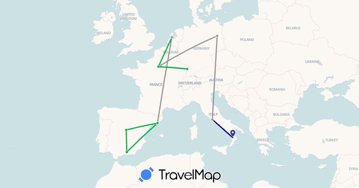 TravelMap itinerary: driving, bus, plane in Germany, Spain, France, Italy, Netherlands (Europe)